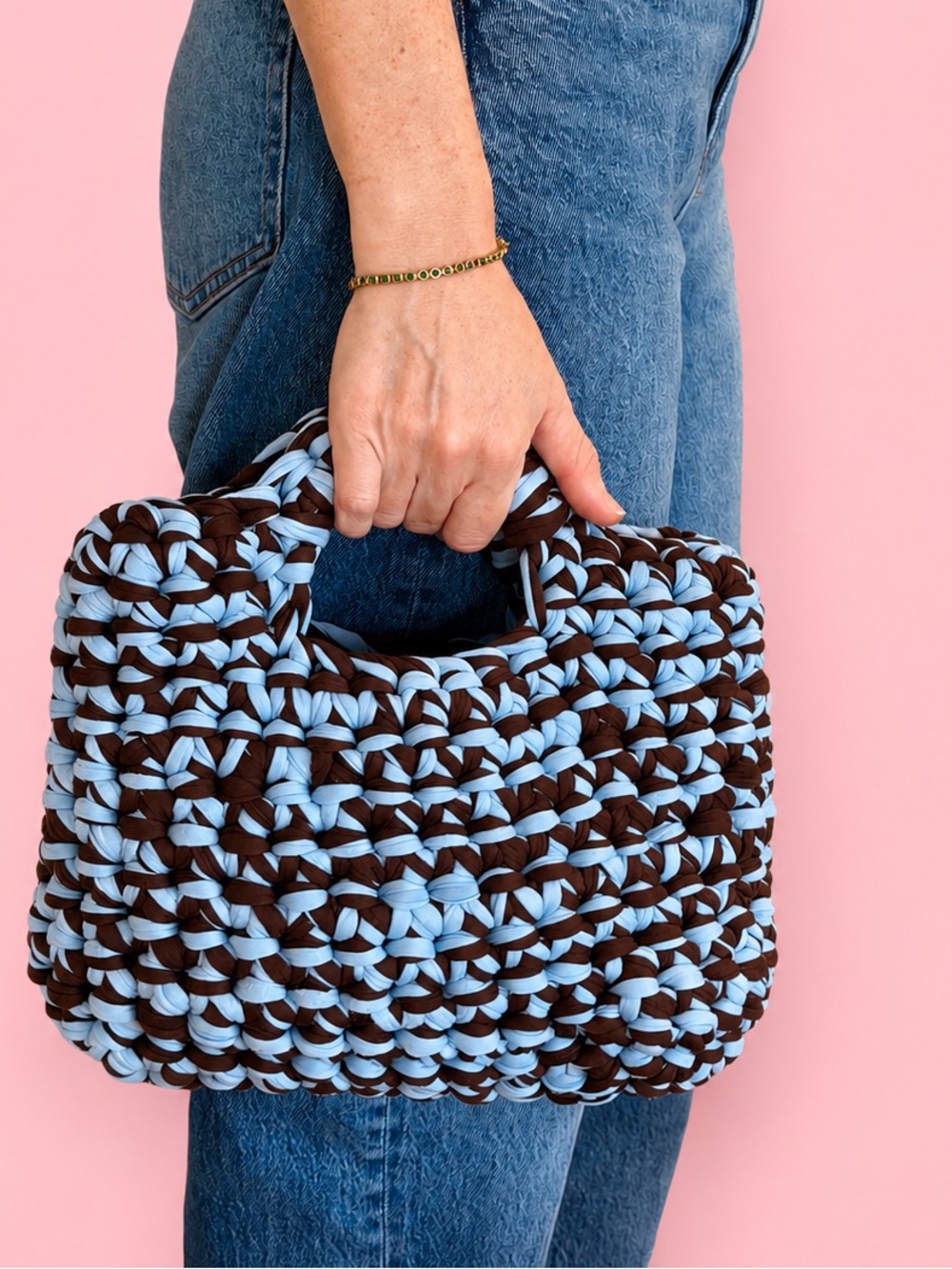 Handmade Crochet Mini Tote Bag Trendy T-Shirt Yarn Blue Brown Top Handle